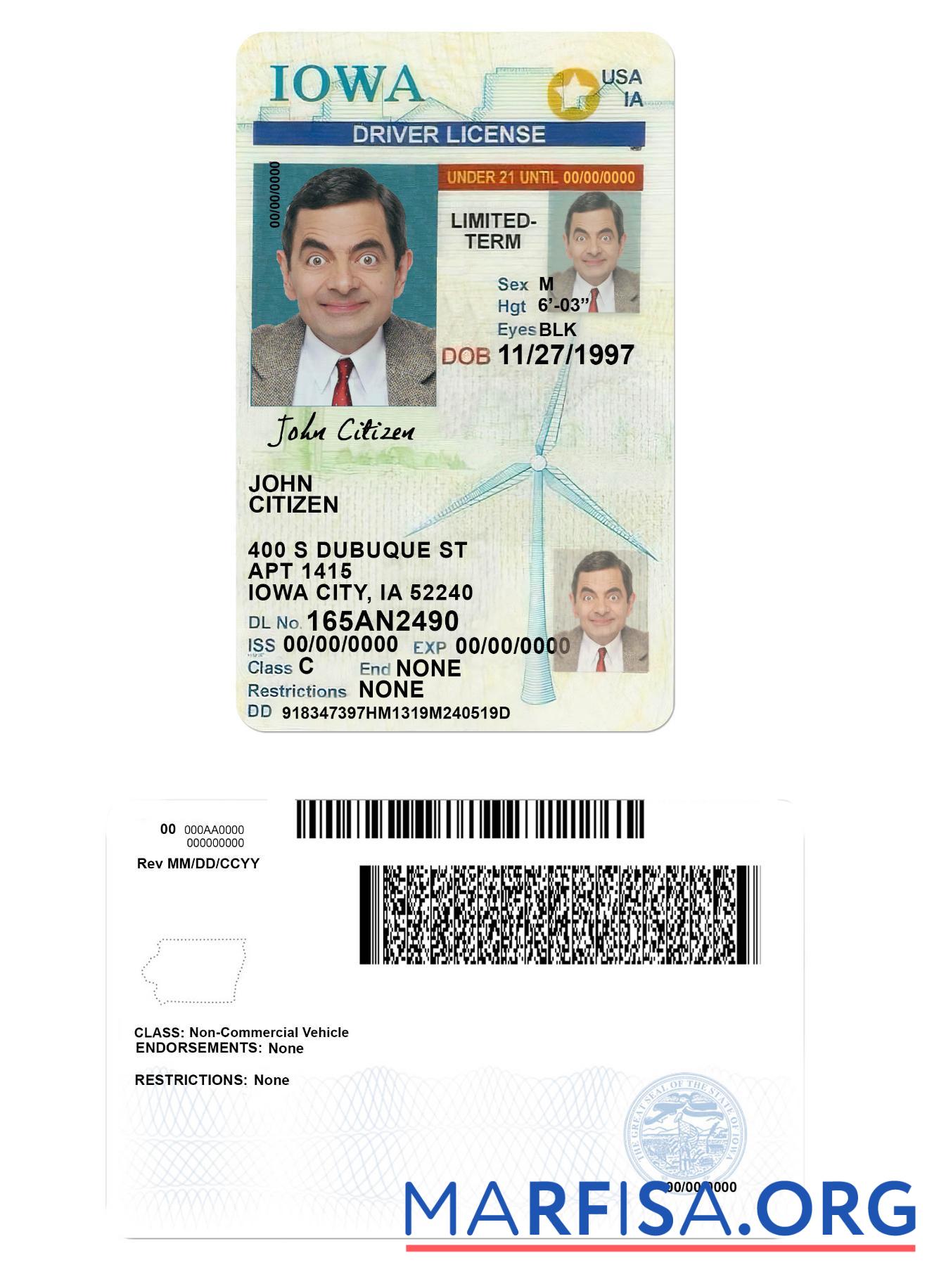 Downloadable USA Iowa driving license under 21 download for verification